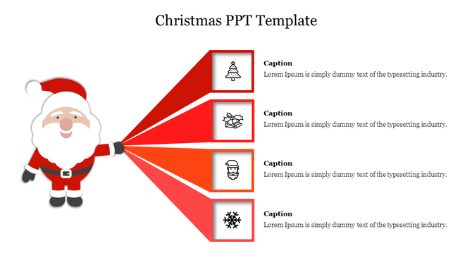 Festive template showing Santa Claus on the left directing to four labeled segments with Christmas icons.