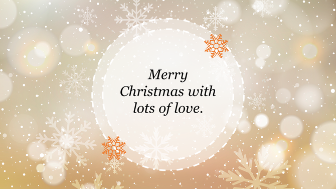 Snowy Christmas background with a soft golden glow, dotted with snowflakes and a heartfelt holiday message in the center.