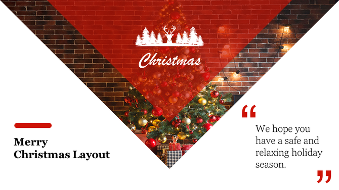 Christmas themed layout with a decorated tree against a brick wall, red triangular overlay, and holiday text.