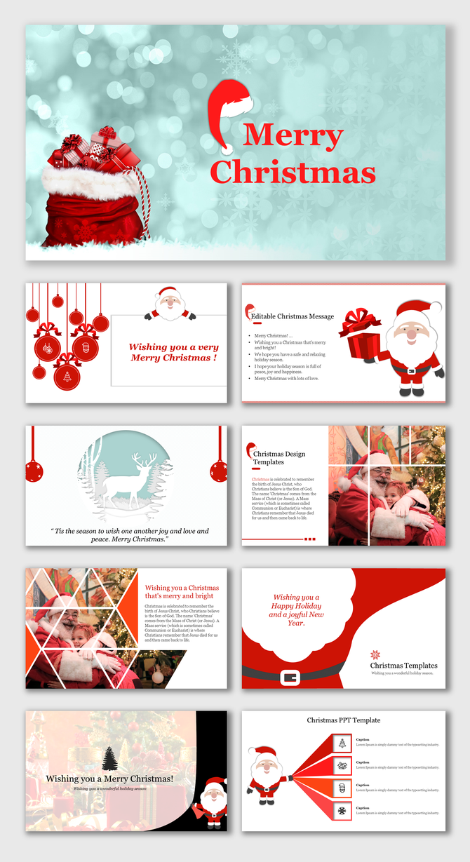 Collage of ten holiday templates including Merry Christmas titles and cheerful designs for holiday messages.