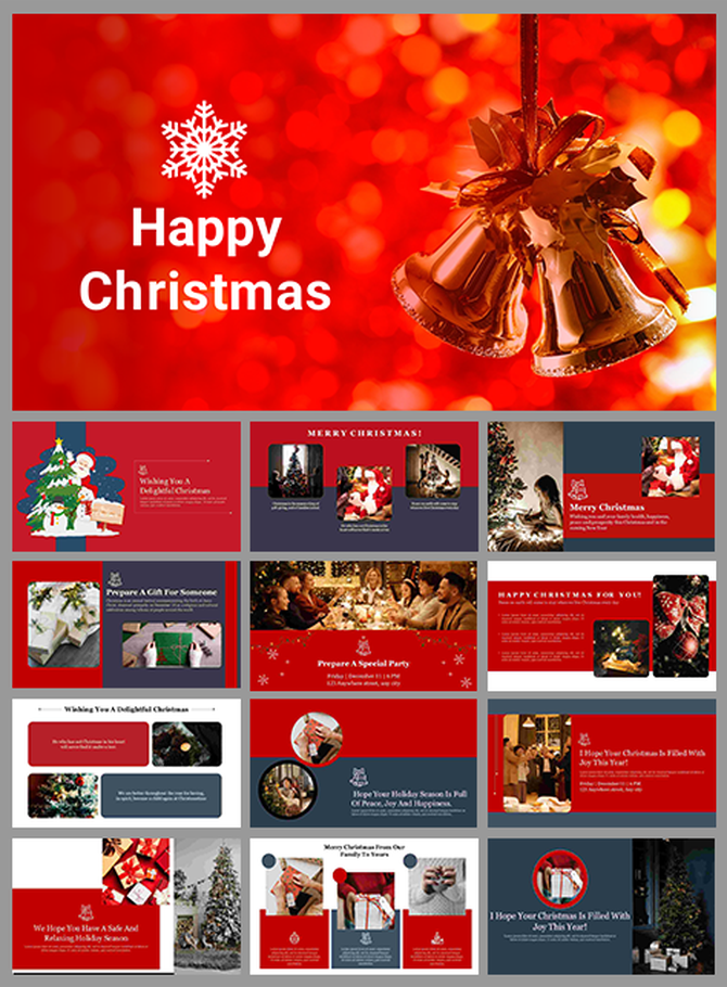 A collection of Christmas themed PowerPoint slides with festive designs featuring Christmas trees, gifts, and red decorations.