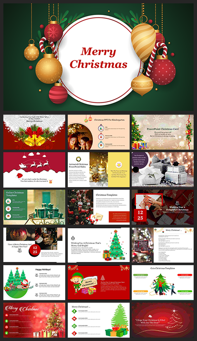 Slide deck showcasing various Christmas themed templates with colorful decorations, presents, and holiday motifs.