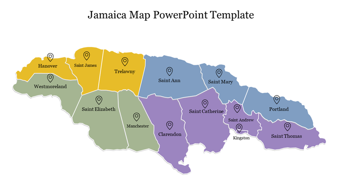 Colorful map of Jamaica with labeled parishes in green, yellow, blue, and purple with location markers.
