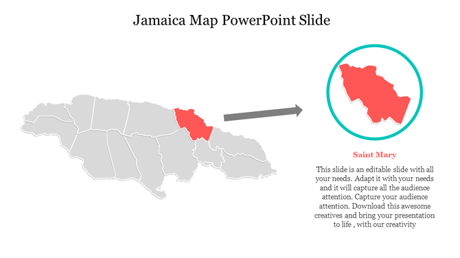 A PPT slide showing a map of Jamaica with Saint Mary highlighted in red, accompanied by a description on a white backdrop.