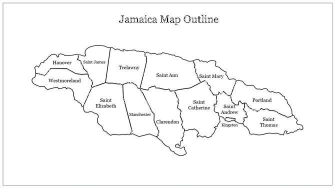 Jamaica map slide outline with clear boundaries dividing the island's parishes with many labeled regions.