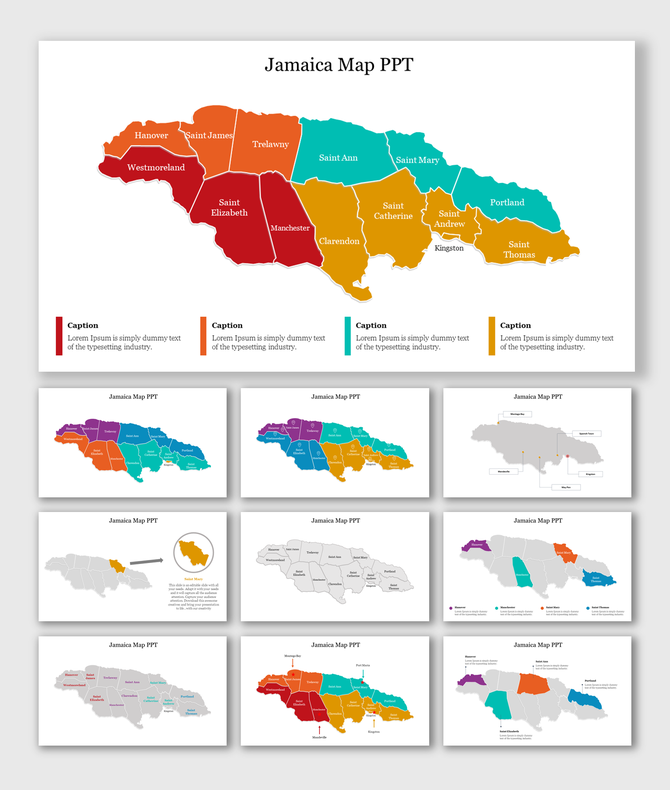 Jamaica map slide deck showing colored regions with labels for parishes, including Kingston, Saint Andrew, and Saint Ann.