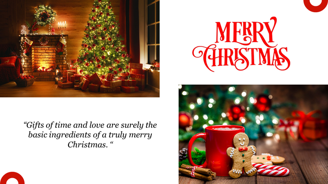Christmas scene with a decorated tree and gifts, and a merry Christmas message on the right, with a quote below.