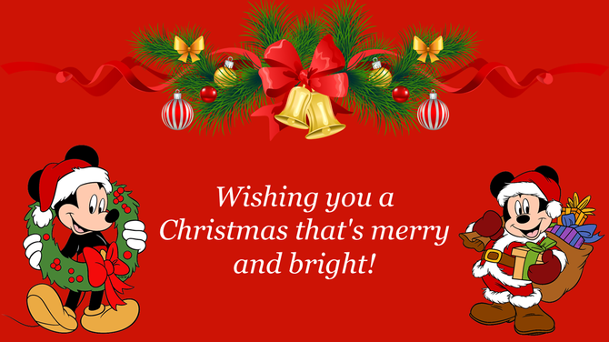 Christmas greeting slide with festive garland and cartoon characters in Santa outfits holding gifts and a wreath.