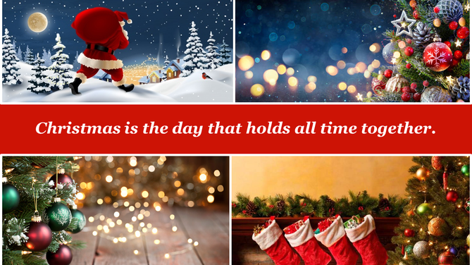 Christmas collage with scenes of Santa, decorated trees, holiday lights, and stockings, and a red banner with a quote.