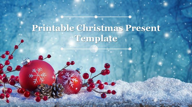 Christmas template cover featuring red ornaments, pine branches, and snow, with glowing snowfall in the background.