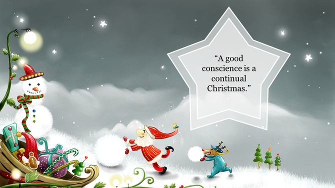 Santa and a snowman in a whimsical christmas scene with a star shaped quote.