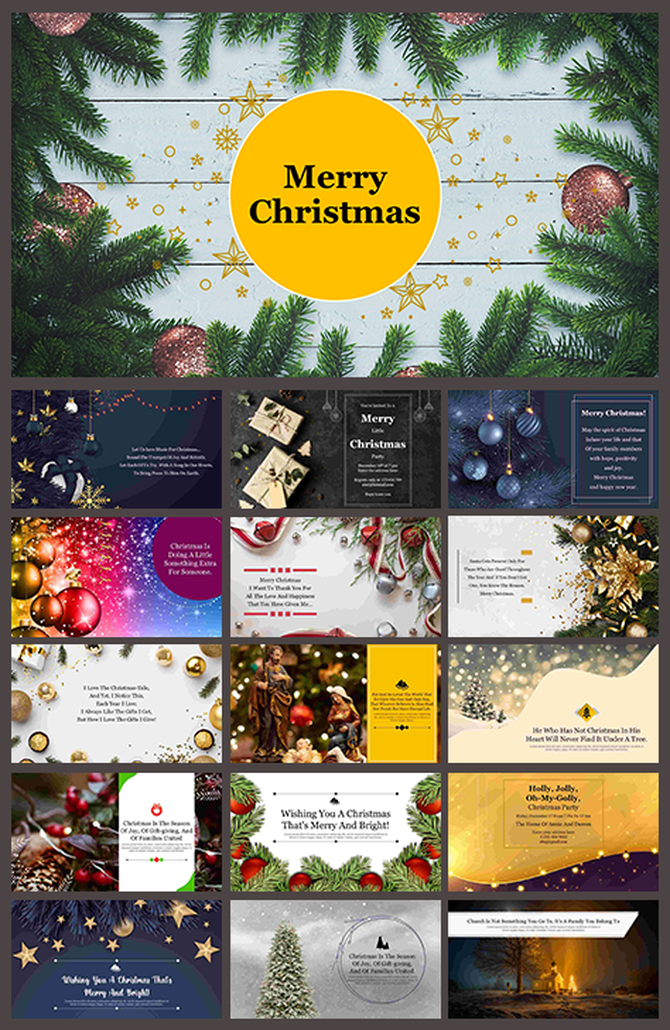 A collage of Christmas themed PPT slides with colorful festive decorations, cards, and a message.