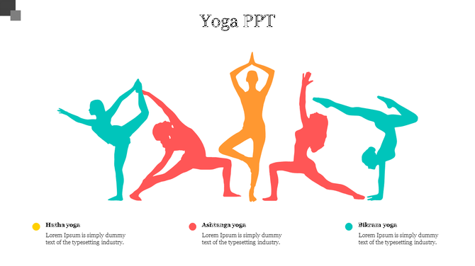 Yoga themed slide showcasing five dynamic pose illustrations in teal, orange, and yellow, with three captions below.