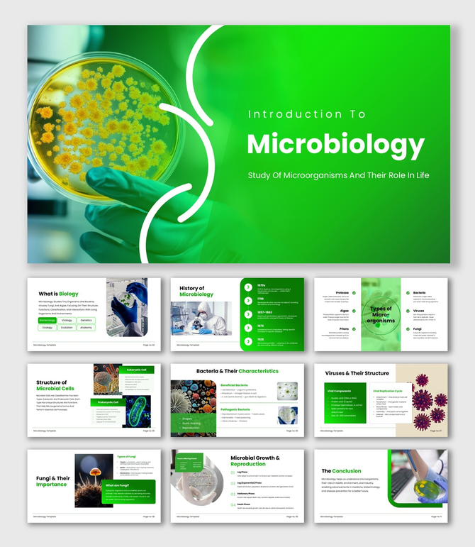 Microbiology PPT presentation with petri dish bacteria, green theme, intro title, and microorganism study layout.