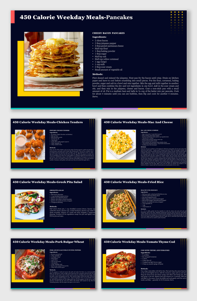 Meal recipe slides featuring eight 450-calorie weekday dishes with food images, ingredients, and methods on colorful layouts.