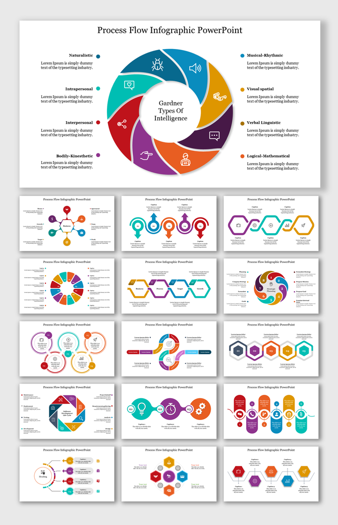 Slide deck preview displaying process flow templates with colorful icons, arrows, and step-by-step layouts in various styles.