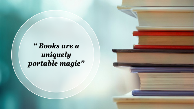 A close up of stacked books with the inspirational quote overlaid in a soft circular design.