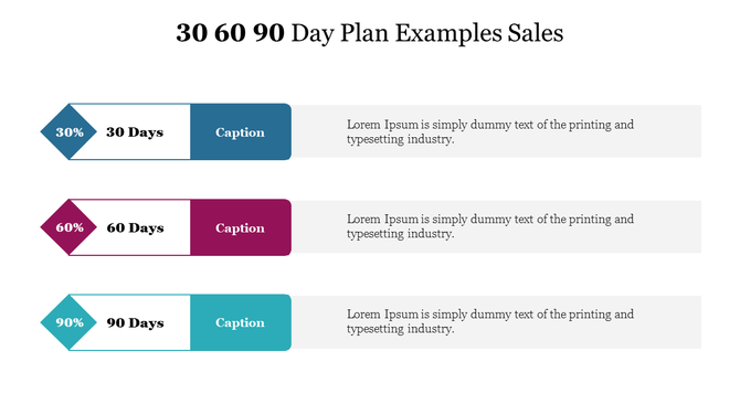 30, 60, and 90 day plan template with diamond mounted blocks in blue, purple, and teal, each with corresponding captions.