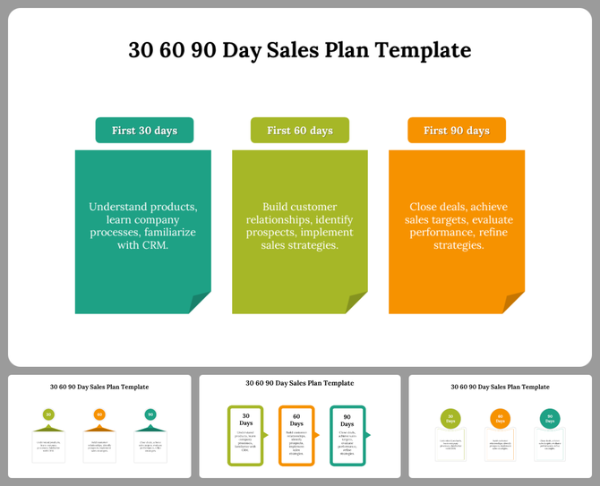 A 30 60 90 day sales plan PPT slides with color coded sections with descriptions of each phase in different layout designs.