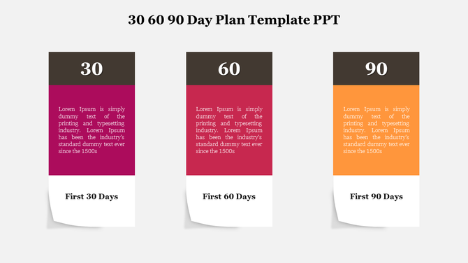 Slide with 30, 60, 90 day plan, featuring three blocks in pink, red, and yellow, with text labels and captions.