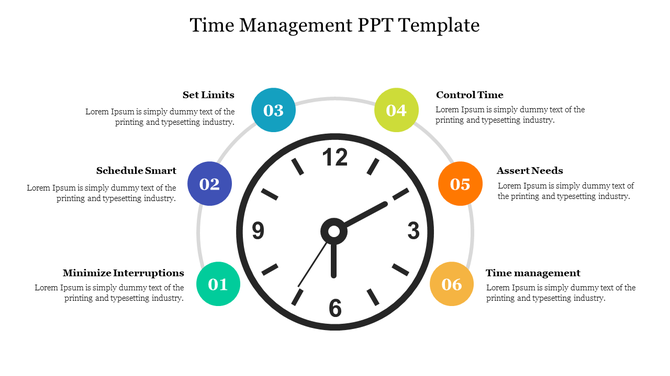 Visual time management slide showcasing a clock in the middle, with six colorful numbered strategies and text area.