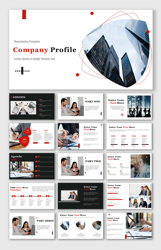 Company profile slide deck with a modern red and white design, featuring images of business teams and office buildings.