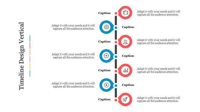 Vertical timeline with seven colorful circular icons in alternating red and blue, with connecting lines between them.