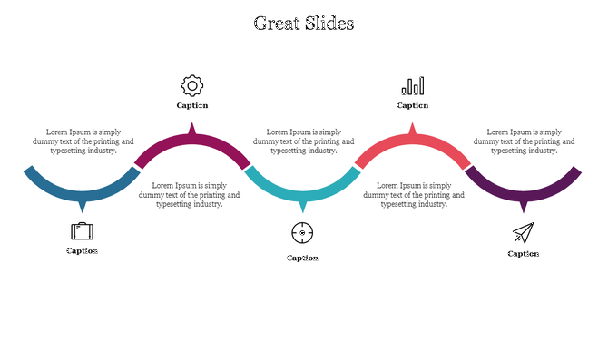 Wavy horizontal infographic with five curved arrow segments in different colors, each containing text and paired with icons.
