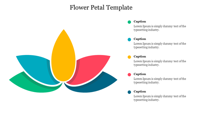 Flower petal infographic with five colorful petals in green, teal, yellow, pink, and dark blue, with matching captions.