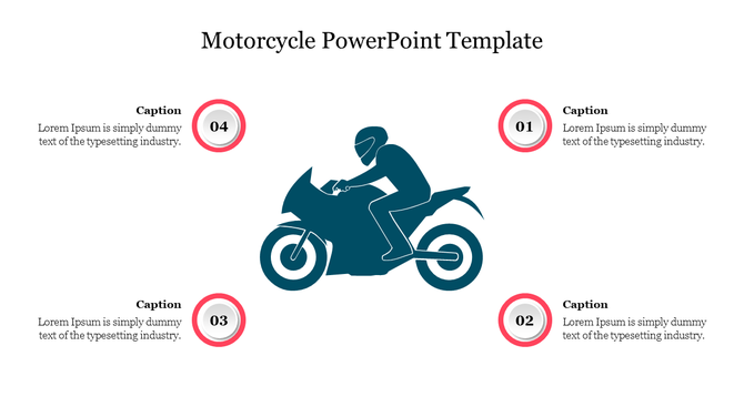 Dark blue motorcycle icon in the center with four red-bordered circles containing numbers and captions around it.