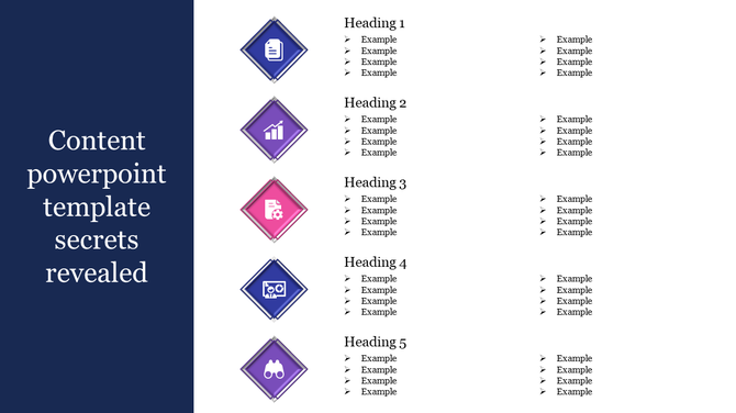 A content PowerPoint template featuring headings and examples in diamond shaped icons.