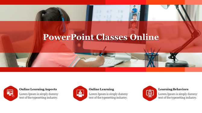 Online learning slide showing a child attending a virtual class on a computer, with a red overlay and three learning aspects.