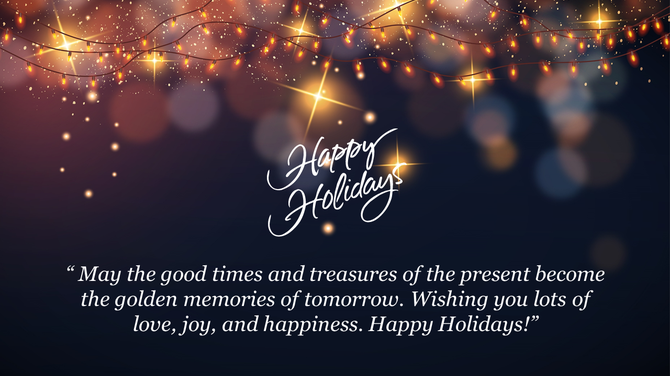 Dark background holiday slide with twinkling lights, glowing sparkles, and a quote wishing love, joy, and happiness.