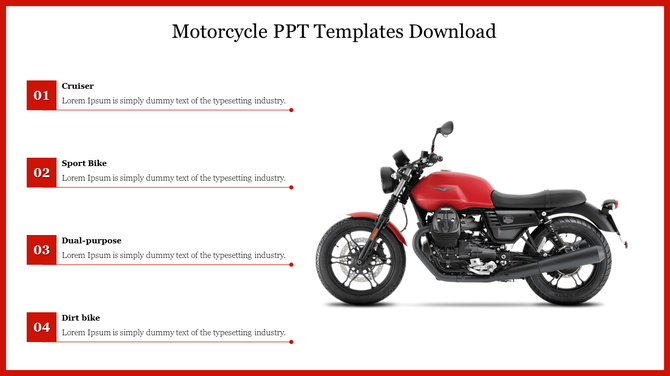 Slide with a red motorcycle and four numbered sections for text, listing different types of motorcycles.