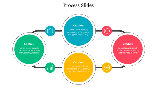 Circular process diagram with five colorful circles in green, teal, red, yellow, and blue, each with a caption and icon.