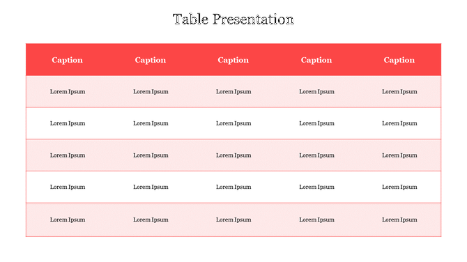 Table with a red header and multiple rows, showcasing columns labeled as captions with placeholder text.