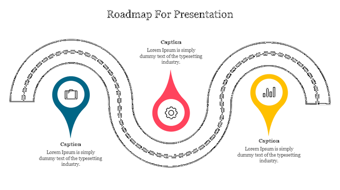Roadmap infographic with three milestones marked by pointers briefcase icon on blue, gear on red, and bar chart on yellow.