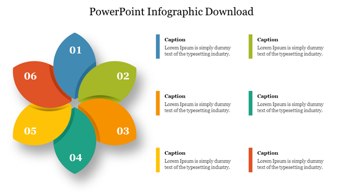 Colorful six petal flower shaped infographic with numbered sections, each linked to captions on the right.