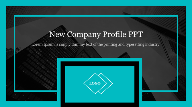 New company profile slide featuring high rise buildings,  title text, and a diamond-shaped teal logo box at the bottom.