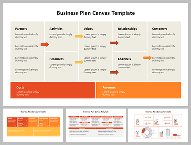 Business plan canvas slides with sections and different layout designs with icons and placeholder text.