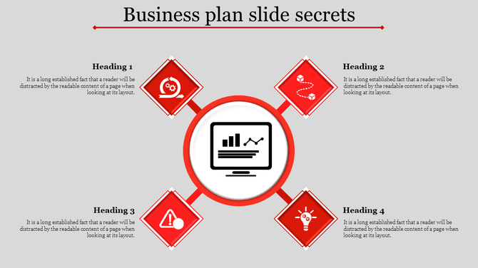 Business plan slide with a central computer graphic surrounded by four red diamond icons representing key headings.