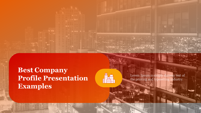 A vibrant PowerPoint slide showcasing a company profile with an urban cityscape background.