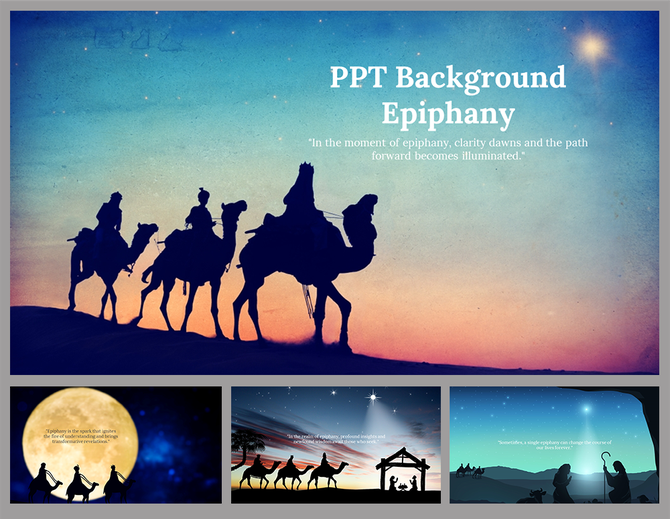 Epiphany themed slide deck with silhouettes of camels, bright moon, and starry backgrounds, conveying a peaceful journey.
