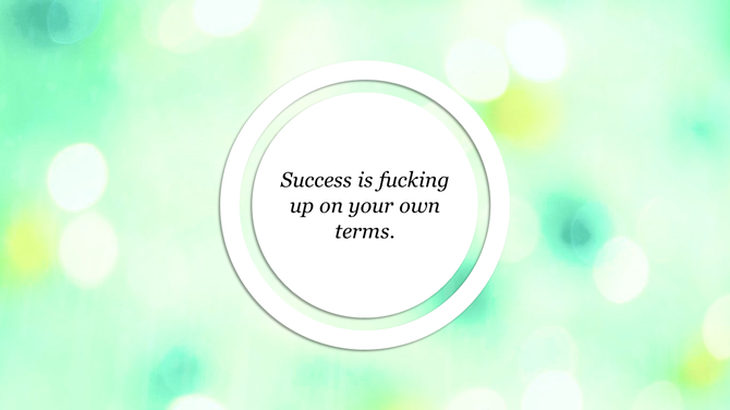 Motivational quote slide with blurred green backdrop and white concentric circles highlighting bold centered text.