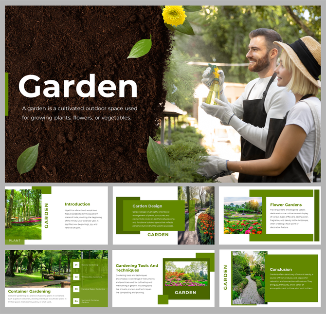 Template focused on gardening, with slides for garden introduction, design, and tools accompanied by vibrant plant images.