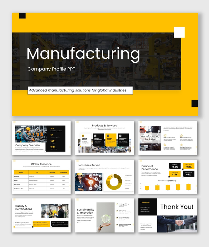 Manufacturing company profile slide with an image of industrial machinery and text outlining key processes.