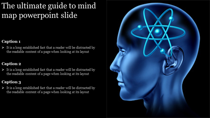 Illustration of a human brain with neon blue atomic lines and three captions, set on a black background.