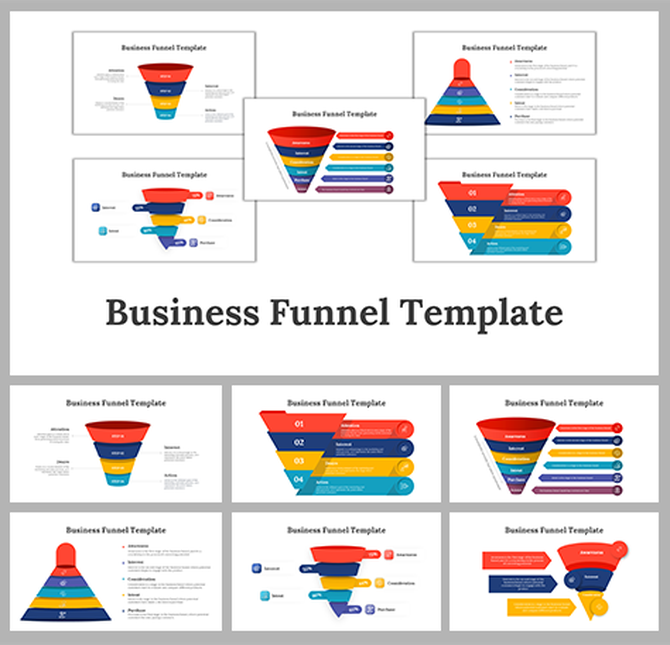 A set of business funnel PPT slides showcasing stages and strategies for business growth in a colorful layout.