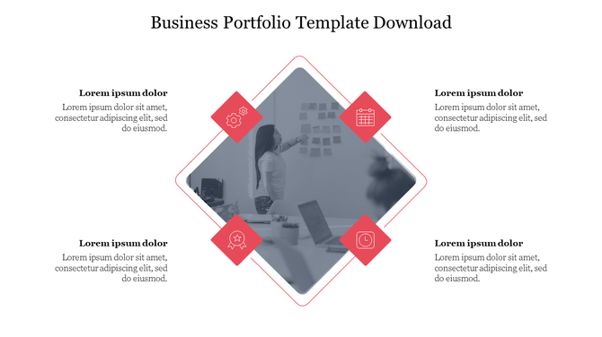 A visually appealing business portfolio template with sections for project highlights and key metrics with placeholder text.