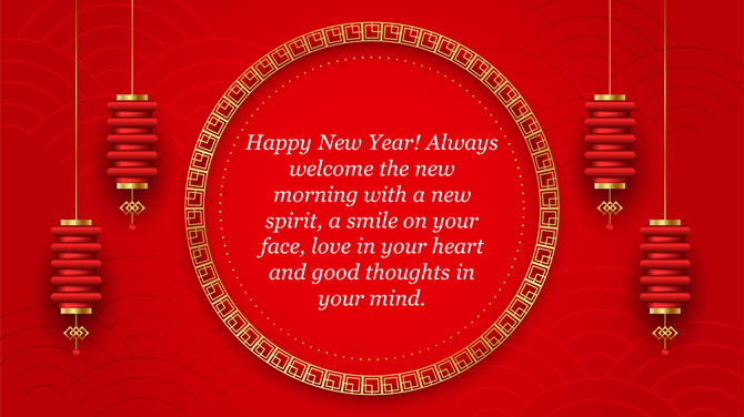 Elegant New Year template with hanging red lanterns and a centered greeting in a gold-bordered circle.